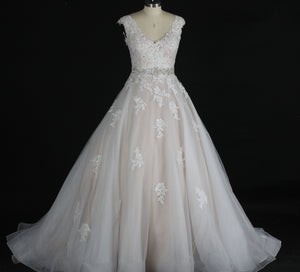 V-neck Illusion Lace Applique Ball Gown, Bridal Luxury Ball Gown, Joanna