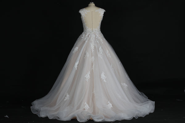 V-neck Illusion Lace Applique Ball Gown, Bridal Luxury Ball Gown, Joanna